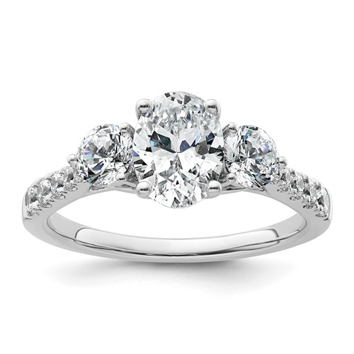 14K White Gold 0.75 Carat Lab Grown Diamond VS+ F+ Oval and Round Semi Mount Three Stone Engagement Ring