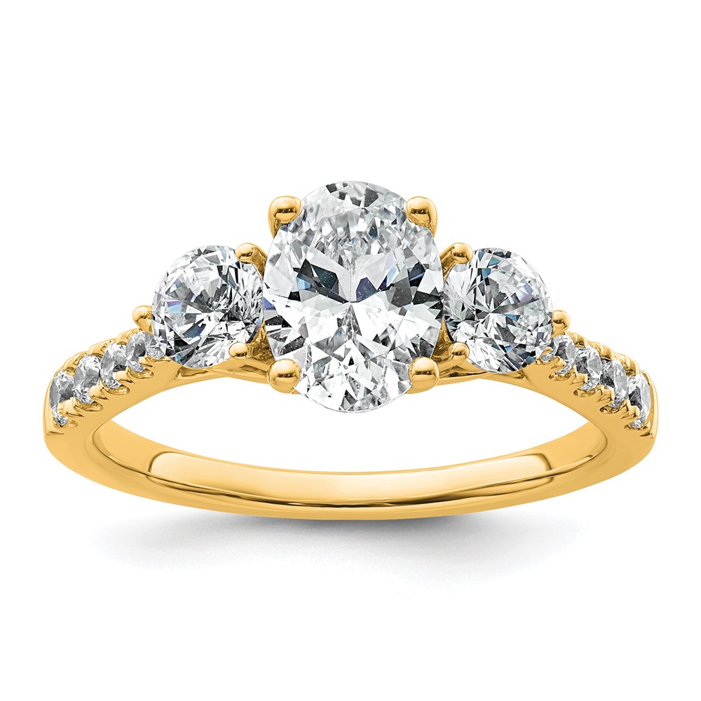 14K Yellow Gold 1.75 Carat Certified Lab Grown Diamond VS+ F+ Oval and Round Complete Three Stone Engagement Ring