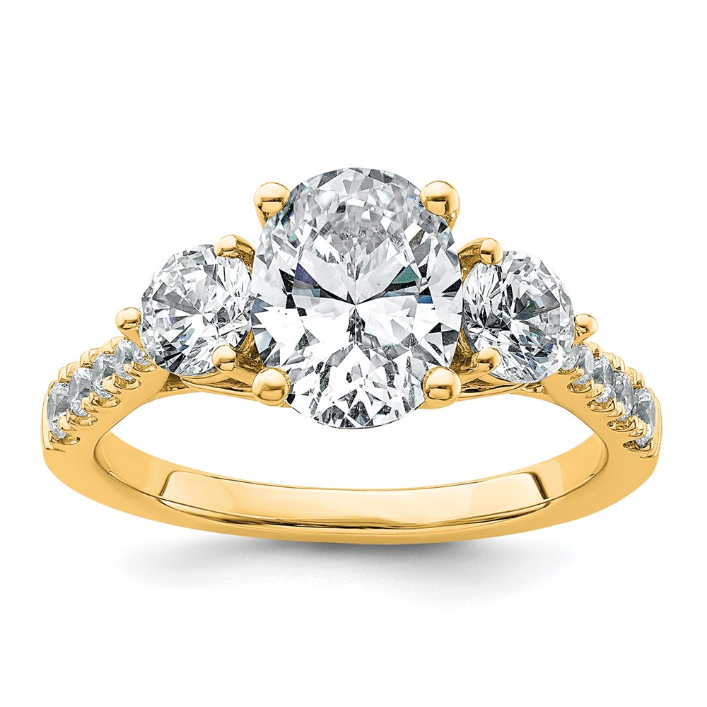 14K Yellow Gold 1 Carat Lab Grown Diamond VS+ F+ Oval and Round Semi Mount Three Stone Engagement Ring