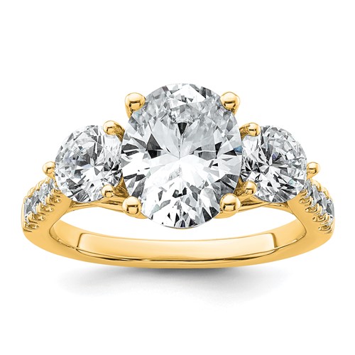 14K Yellow Gold 1.25 Carat Lab Grown Diamond VS+ F+ Oval and Round Semi Mount Three Stone Engagement Ring