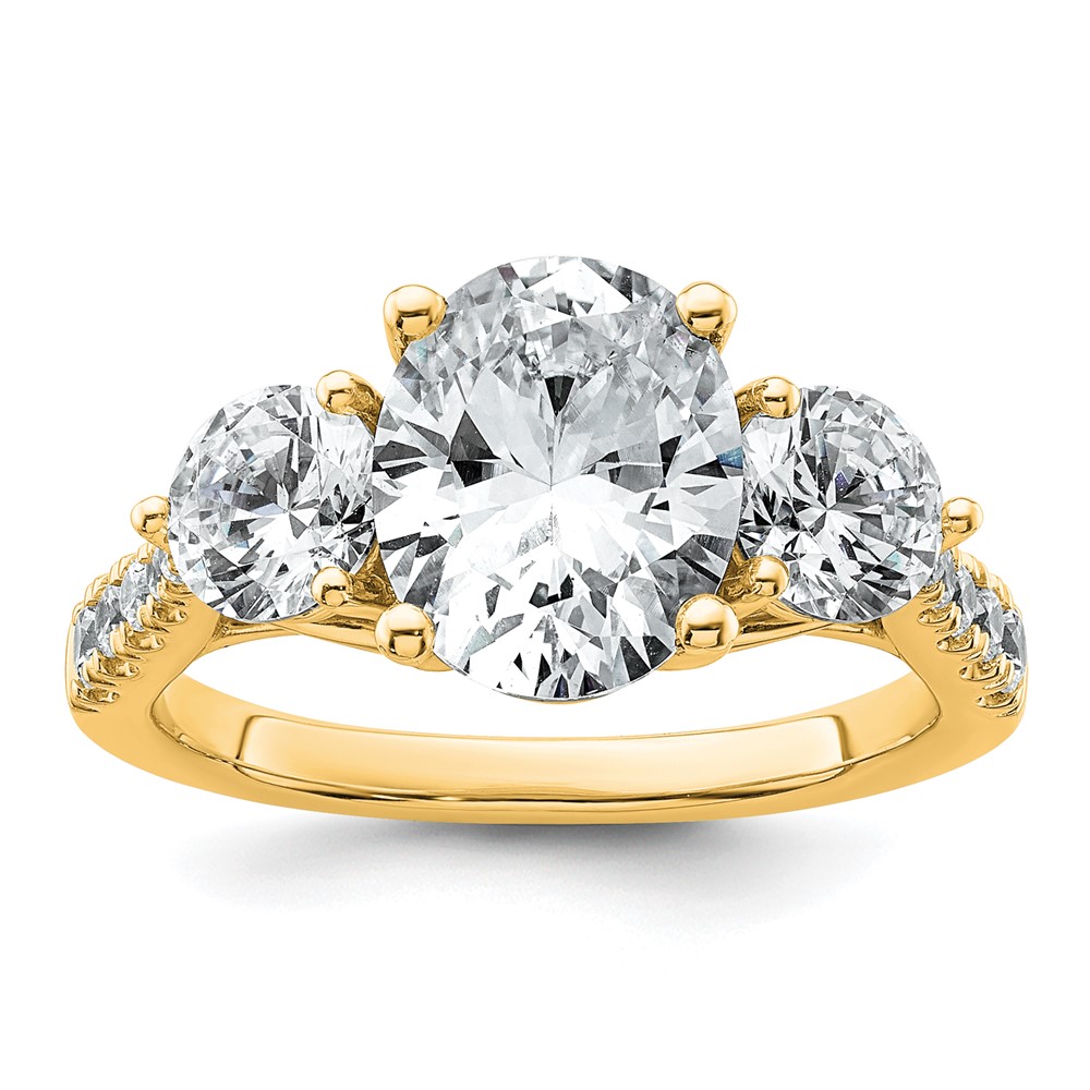 14K Yellow Gold 3.25 Carat Certified Lab Grown Diamond VS+ F+ Oval and Round Complete Three Stone Engagement Ring
