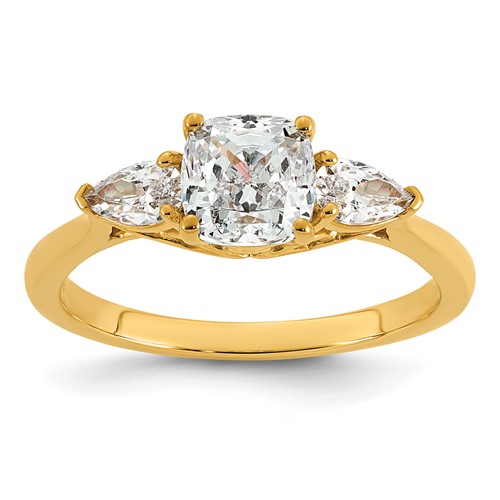 14K Yellow Gold 1.38 Carat Lab Grown Diamond VS+ F+ Complete Cushion and Pear Three Stone Engagement Ring