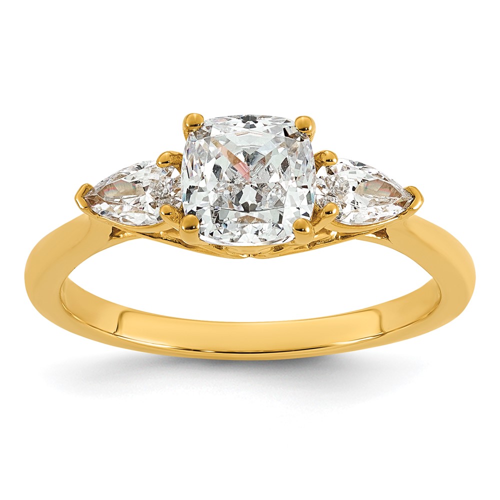 14K Yellow Gold 1.38 Carat Certified Lab Grown Diamond VS+ F+ Complete Cushion and Pear Three Stone Engagement Ring