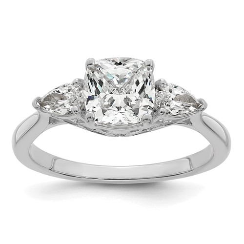 14K White Gold 2 Carat Lab Grown Diamond VS+ F+ Complete Cushion and Pear Three Stone Engagement Ring