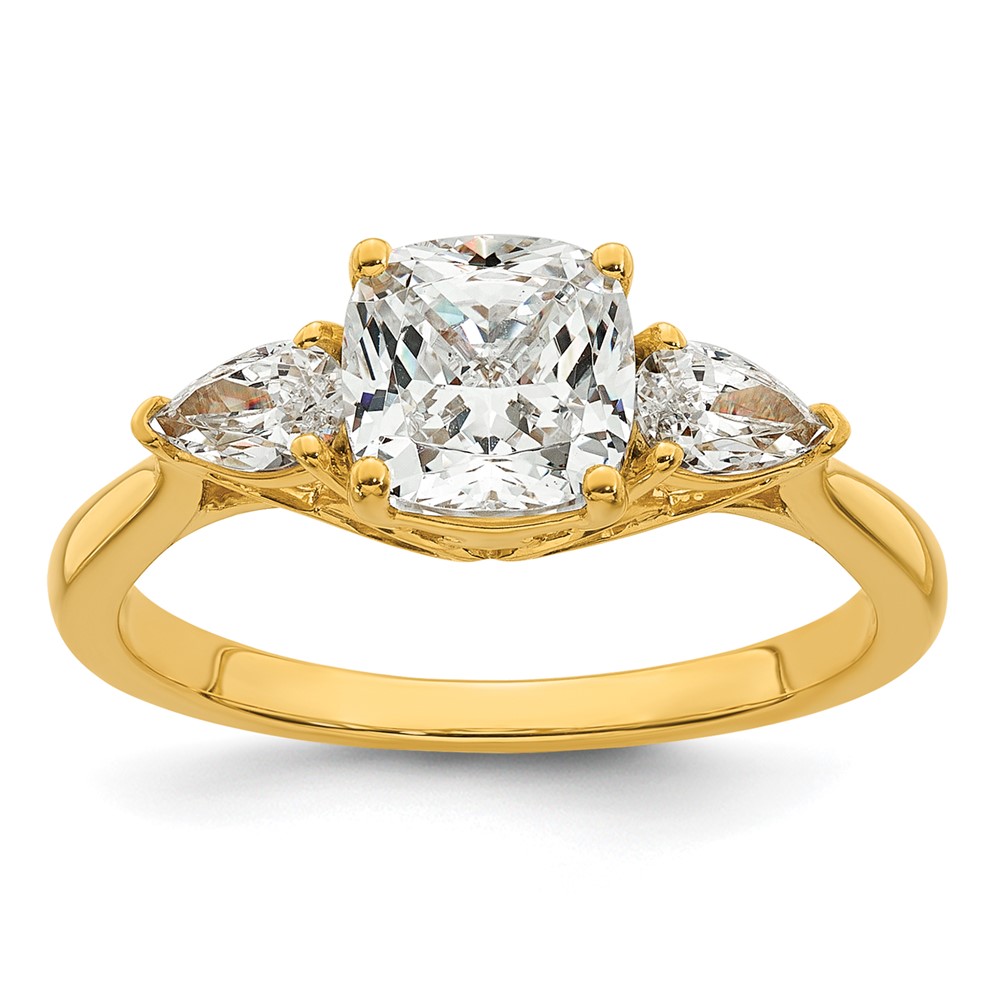 14K Yellow Gold 2 Carat Lab Grown Diamond VS+ F+ Complete Cushion and Pear Three Stone Engagement Ring