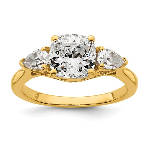 14K Yellow Gold 2.50 Carat Lab Grown Diamond VS+ F+ Complete Cushion and Pear Three Stone Engagement Ring