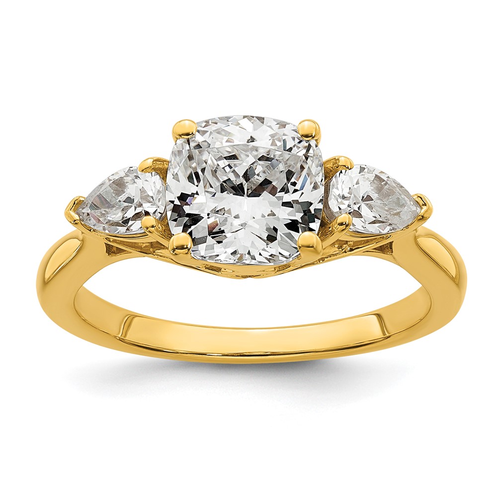 14K Yellow Gold 2.50 Carat Certified Lab Grown Diamond VS+ F+ Complete Cushion and Pear Three Stone Engagement Ring