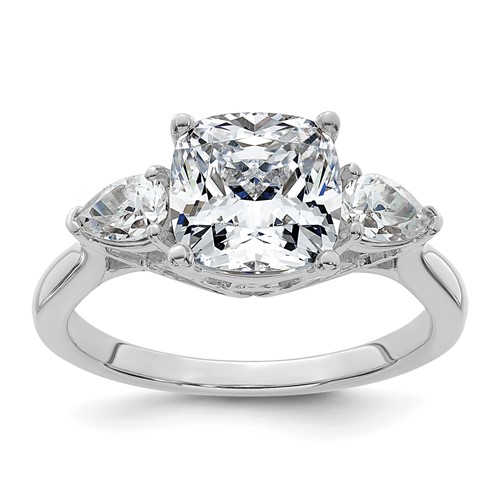 14K White Gold 3 Carat Lab Grown Diamond VS+ F+ Semi-mount Cushion and Pear Three Stone Engagement Ring
