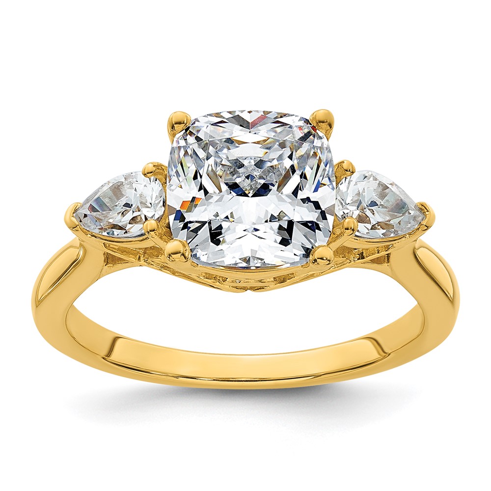 14K Yellow Gold 3 Carat Lab Grown Diamond VS+ F+ Complete Cushion and Pear Three Stone Engagement Ring