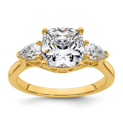 14K Yellow Gold 3 Carat Certified Lab Grown Diamond VS+ F+ Complete Cushion and Pear Three Stone Engagement Ring