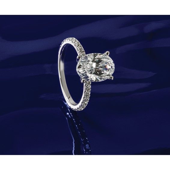 14k White Gold 3 3/8 carat Lab Grown Diamond VS+ F+ Oval Complete Shared Prong Engagement Ring