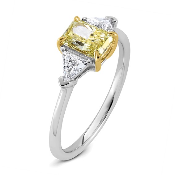Emma Grace 14K Two-Tone 1 1/2 carat Certified Lab Grown Diamond VS+ Radiant Vivid Yellow & VS+ F+ Trillion Complete Ring