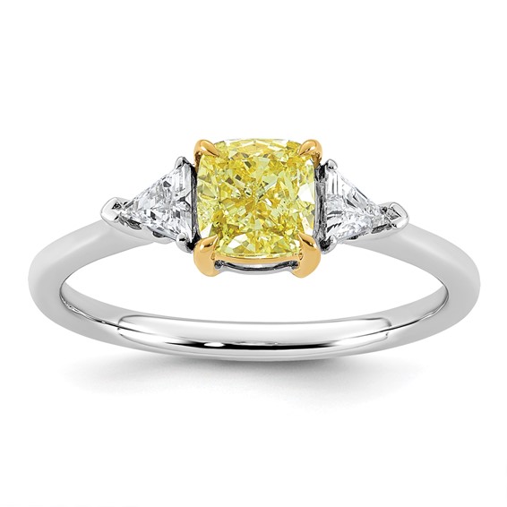 Emma Grace 14K Two-Tone 1 1/4 carat Certified Lab Grown Diamond VS+ Cushion Vivid Yellow & VS+ F+ Trillion Complete Ring