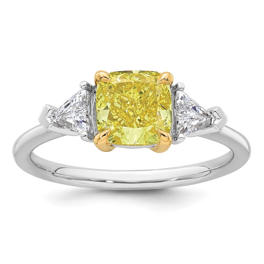 Emma Grace 14K Two-Tone 1.88 Carat Certified Lab Grown Diamond VS+ Cushion Vivid Yellow & VS+ F+ Trillion Complete Ring