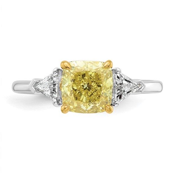 Emma Grace 14K Two-Tone 2 1/2 carat Certified Lab Grown Diamond VS+ Cushion Vivid Yellow & VS+ F+ Trillion Complete Ring