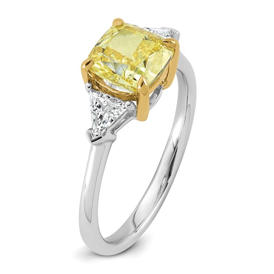 Emma Grace 14K Two-Tone 2 1/2 carat Certified Lab Grown Diamond VS+ Cushion Vivid Yellow & VS+ F+ Trillion Complete Ring