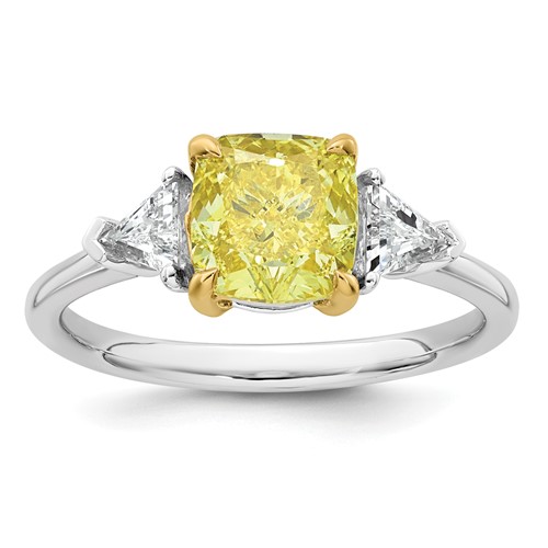 Emma Grace 14K Two-Tone 2.38 Carat Certified Lab Grown Diamond VS+ Cushion Vivid Yellow & VS+ F+ Trillion Complete Ring