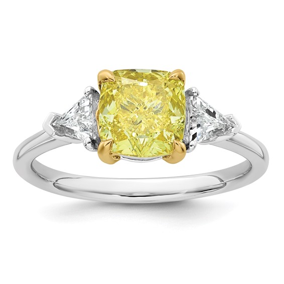 Emma Grace 14K Two-Tone 2 1/2 carat Certified Lab Grown Diamond VS+ Cushion Vivid Yellow & VS+ F+ Trillion Complete Ring