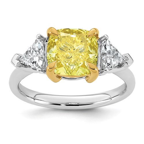 Emma Grace 14K Two-Tone 4 Carat Certified Lab Grown Diamond VS+ Cushion Vivid Yellow & VS+ F+ Trillion Complete Ring