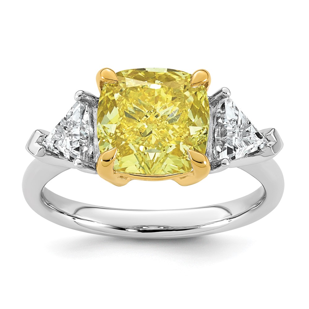 Emma Grace 14K Two-Tone 4.50 Carat Certified Lab Grown Diamond VS+ Cushion Vivid Yellow & VS+ F+ Trillion Complete Ring