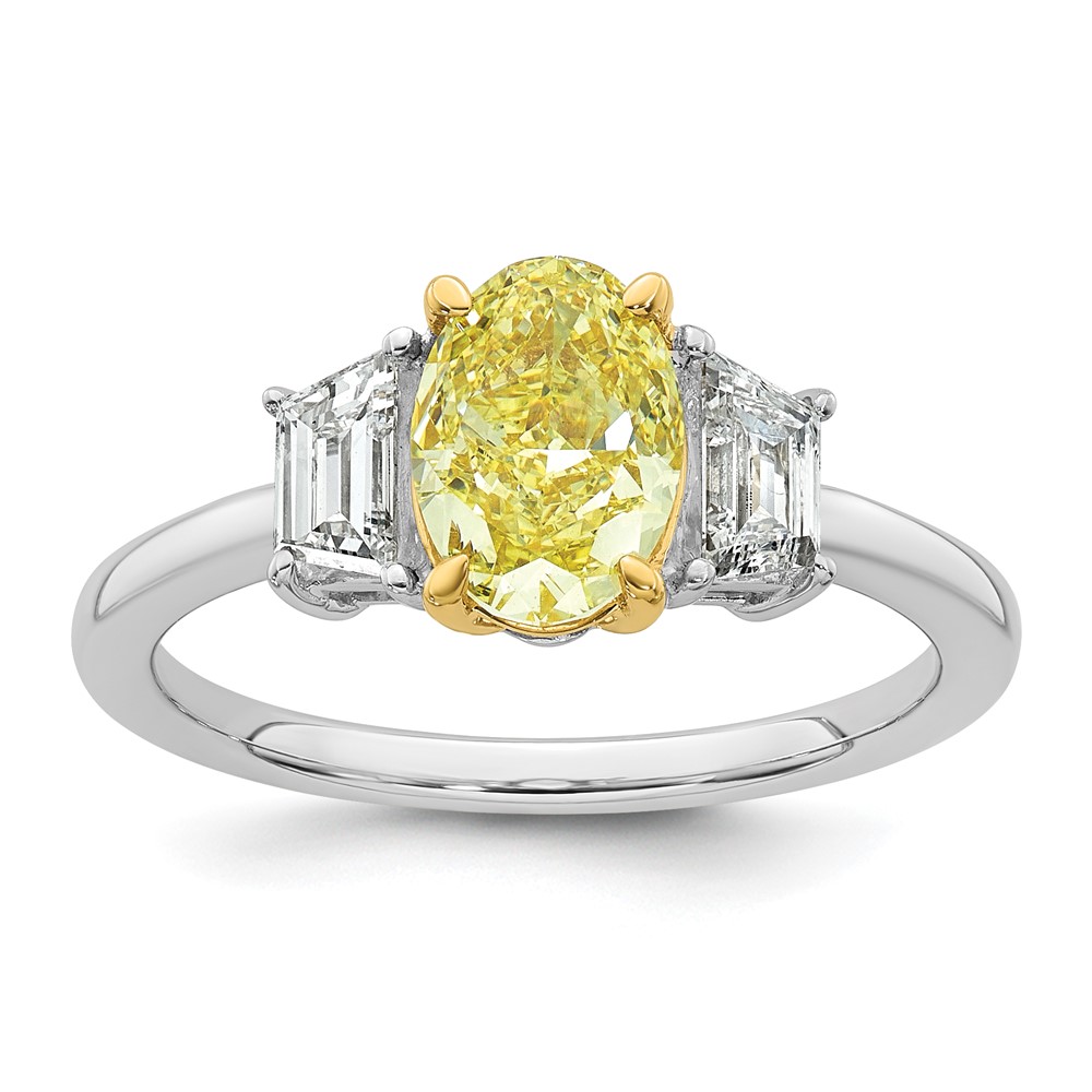 Emma Grace 14K Two-Tone 2 Carat Certified Lab Grown Diamond VS+ Oval Vivid Yellow & VS+ F+ Trapezoid Complete Ring