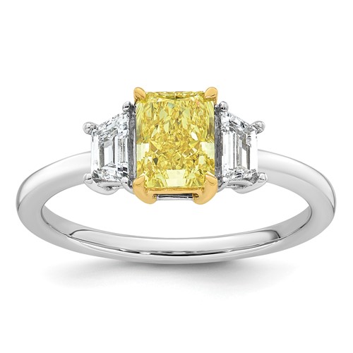 Emma Grace 14K Two-Tone 1 Carat Certified Lab Grown Diamond VS+ Radiant Vivid Yellow & VS+ F+ Trapezoid Complete Ring