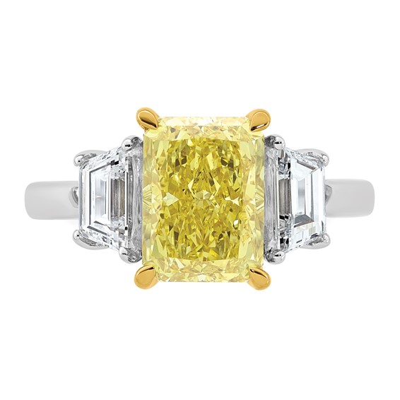 Emma Grace 14K Two-Tone 4 1/2 carat Certified Lab Grown Diamond VS+ Radiant Vivid Yellow & VS+ F+ Trapezoid Complete Ring