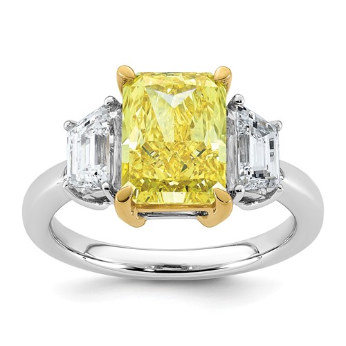 Emma Grace 14K Two-Tone 4.50 Carat Certified Lab Grown Diamond VS+ Radiant Vivid Yellow & VS+ F+ Trapezoid Complete Ring