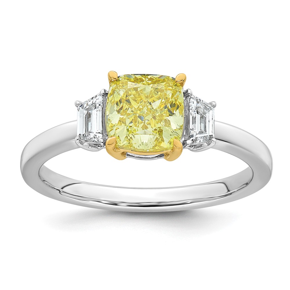 Emma Grace 14K Two-tone 1.88 Carat Center Lab Grown Diamond Cushion VS+ Certified Vivid Yellow & Trapezoid VS+ F+ Complete Ring