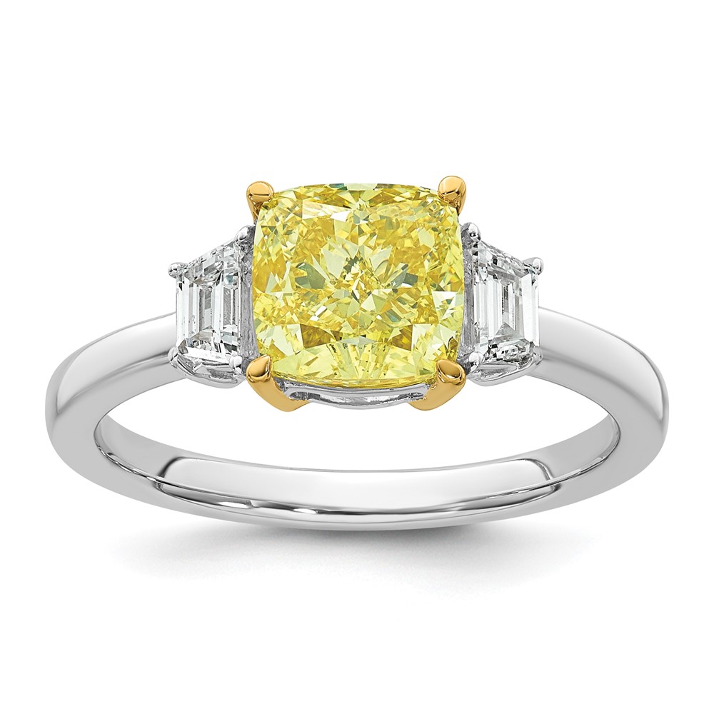 Emma Grace 14K Two-tone 2.25 Carat Center Lab Grown Diamond Cushion VS+ Certified Vivid Yellow & Trapezoid VS+ F+ Complete Ring
