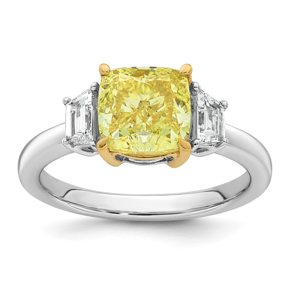 Emma Grace 14K Two-tone 3 Carat Center Lab Grown Diamond Cushion VS+ Certified Vivid Yellow & Trapezoid VS+ F+ Complete Ring