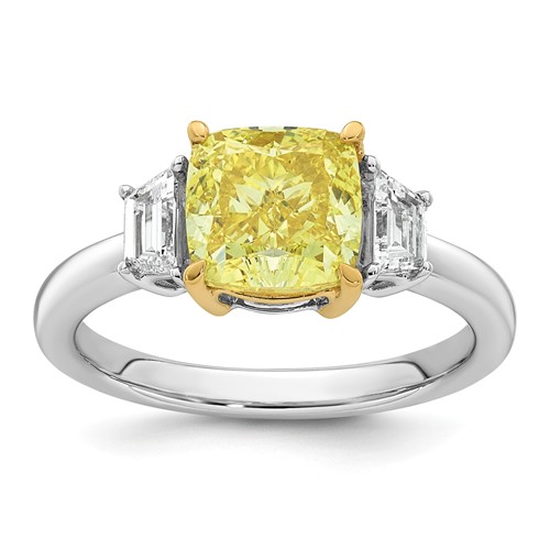 Emma Grace 14K Two-tone 3 Carat Center Lab Grown Diamond Cushion VS+ Certified Vivid Yellow & Trapezoid VS+ F+ Complete Ring