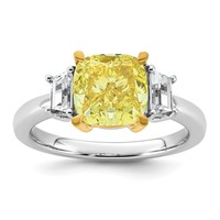 Emma Grace 14K Two-tone 3.50 Carat Center Lab Grown Diamond Cushion VS+ Certified Vivid Yellow & Trapezoid VS+ F+ Complete Ring view 1