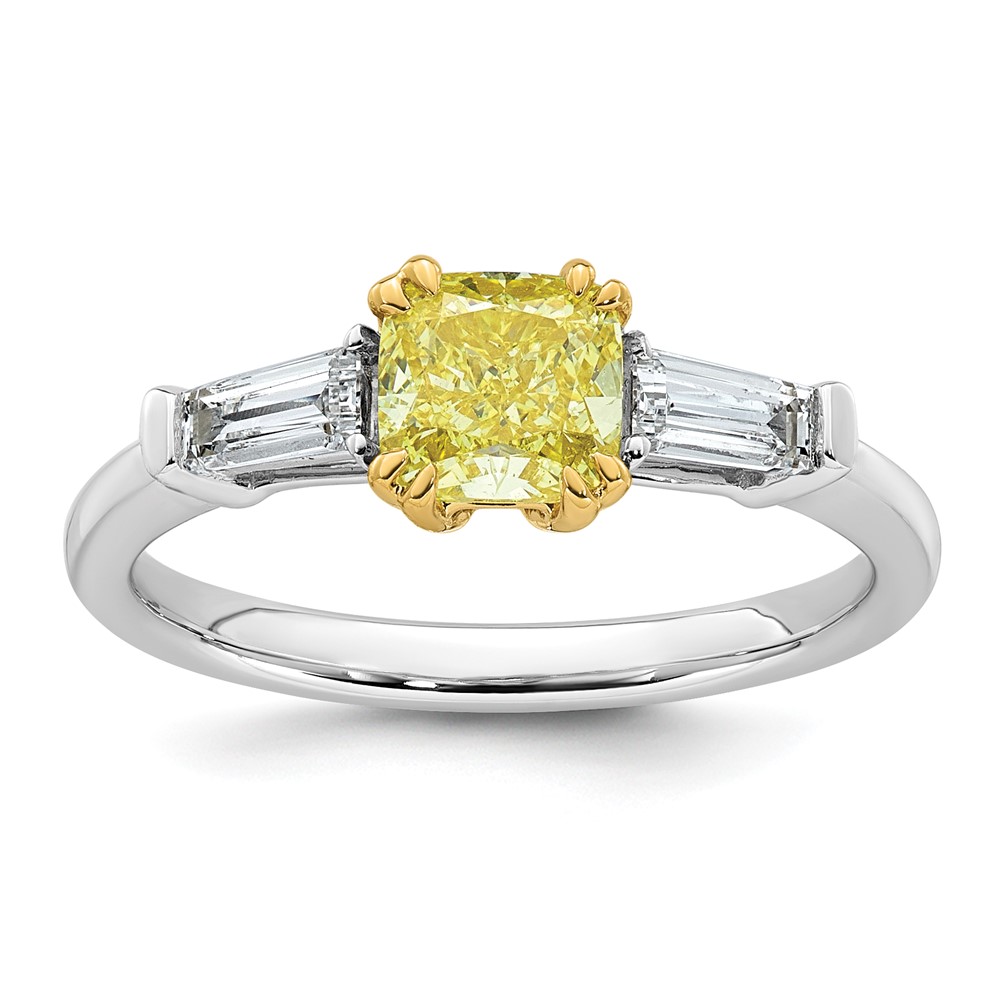Emma Grace 14K Two-Tone 1.38 Carat Certified Lab Grown Diamond VS+ Cushion Vivid Yellow & VS+ F+ Baguette Complete Ring