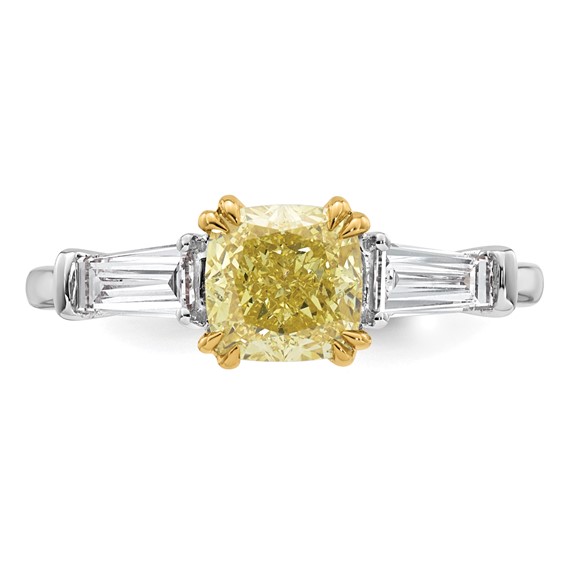 Emma Grace 14K Two-Tone 2 carat Certified Lab Grown Diamond VS+ Cushion Vivid Yellow & VS+ F+ Baguette Complete Ring