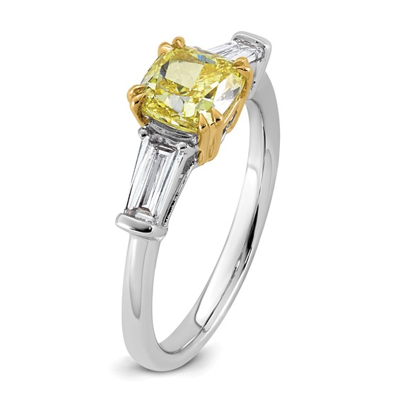 Emma Grace 14K Two-Tone 2 carat Certified Lab Grown Diamond VS+ Cushion Vivid Yellow & VS+ F+ Baguette Complete Ring
