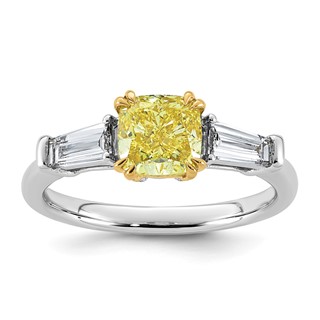 Emma Grace 14K Two-Tone 2 carat Certified Lab Grown Diamond VS+ Cushion Vivid Yellow & VS+ F+ Baguette Complete Ring