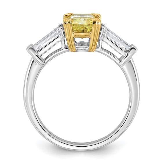 Emma Grace 14K Two-Tone 2 3/4 carat Certified Lab Grown Diamond VS+ Long Cushion Vivid Yellow & VS+ F+ Baguette Complete Ring