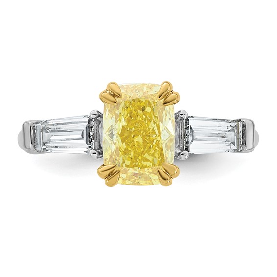 Emma Grace 14K Two-Tone 2 3/4 carat Certified Lab Grown Diamond VS+ Long Cushion Vivid Yellow & VS+ F+ Baguette Complete Ring