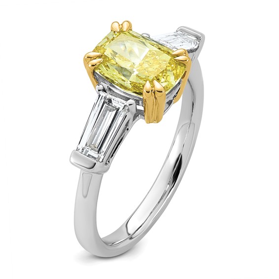 Emma Grace 14K Two-Tone 2 3/4 carat Certified Lab Grown Diamond VS+ Long Cushion Vivid Yellow & VS+ F+ Baguette Complete Ring
