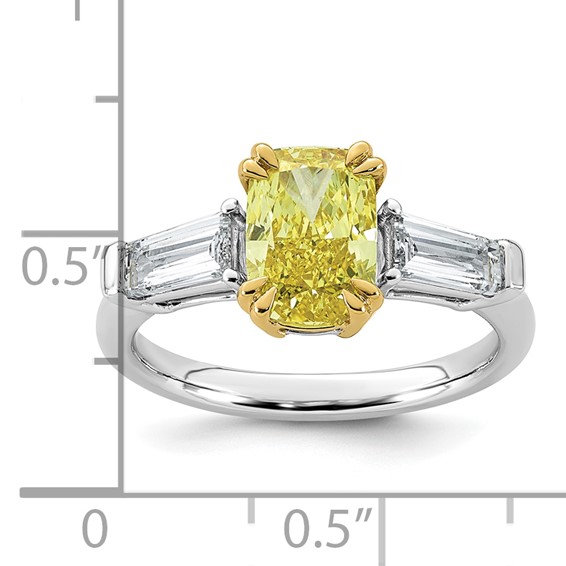 Emma Grace 14K Two-Tone 2 3/4 carat Certified Lab Grown Diamond VS+ Long Cushion Vivid Yellow & VS+ F+ Baguette Complete Ring