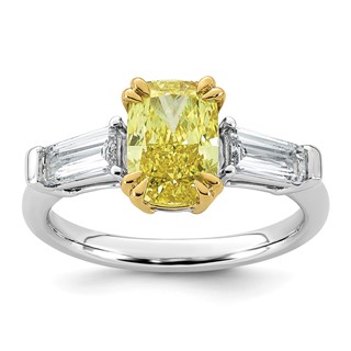Emma Grace 14K Two-Tone 2 3/4 carat Certified Lab Grown Diamond VS+ Long Cushion Vivid Yellow & VS+ F+ Baguette Complete Ring
