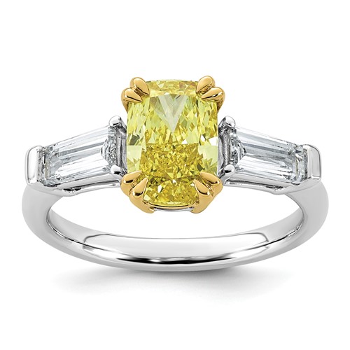 Emma Grace 14K Two-Tone 2.75 Carat Certified Lab Grown Diamond VS+ Long Cushion Vivid Yellow & VS+ F+ Baguette Complete Ring