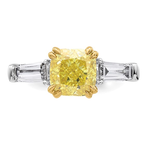 Emma Grace 14K Two-Tone 3 carat Certified Lab Grown Diamond VS+ Cushion Vivid Yellow & VS+ F+ Baguette Complete Ring