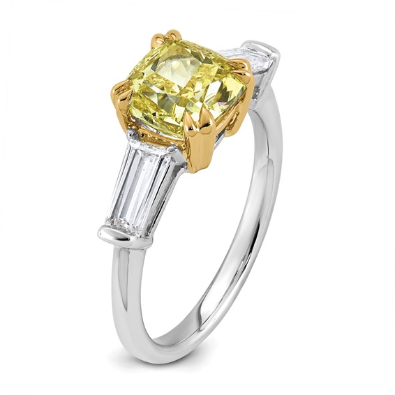 Emma Grace 14K Two-Tone 3 carat Certified Lab Grown Diamond VS+ Cushion Vivid Yellow & VS+ F+ Baguette Complete Ring