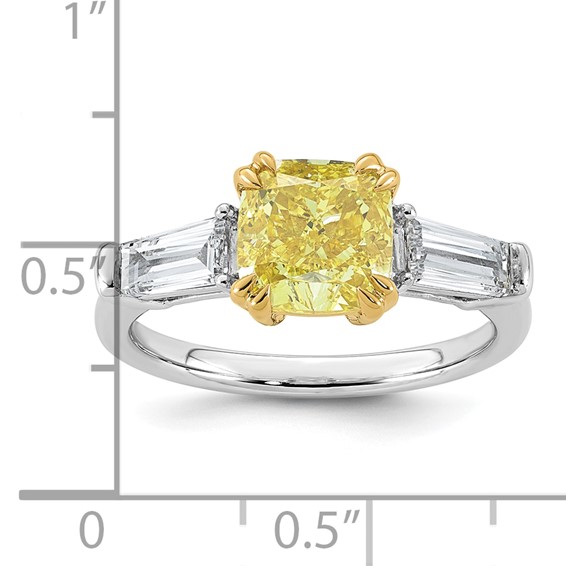 Emma Grace 14K Two-Tone 3 carat Certified Lab Grown Diamond VS+ Cushion Vivid Yellow & VS+ F+ Baguette Complete Ring