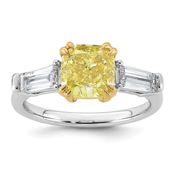 Emma Grace 14K Two-Tone 3 carat Certified Lab Grown Diamond VS+ Cushion Vivid Yellow & VS+ F+ Baguette Complete Ring