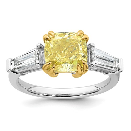 Emma Grace 14K Two-Tone 3.75 Carat Certified Lab Grown Diamond VS+ Cushion Vivid Yellow & VS+ F+ Baguette Complete Ring