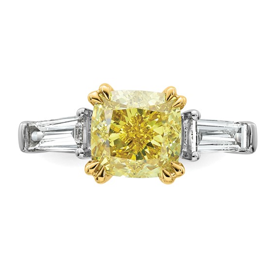 Emma Grace 14K Two-Tone 4 1/3 carat Certified Lab Grown Diamond VS+ Cushion Vivid Yellow & VS+ F+ Baguette Complete Ring