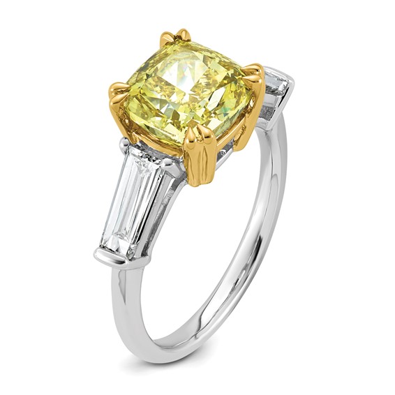 Emma Grace 14K Two-Tone 4 1/3 carat Certified Lab Grown Diamond VS+ Cushion Vivid Yellow & VS+ F+ Baguette Complete Ring